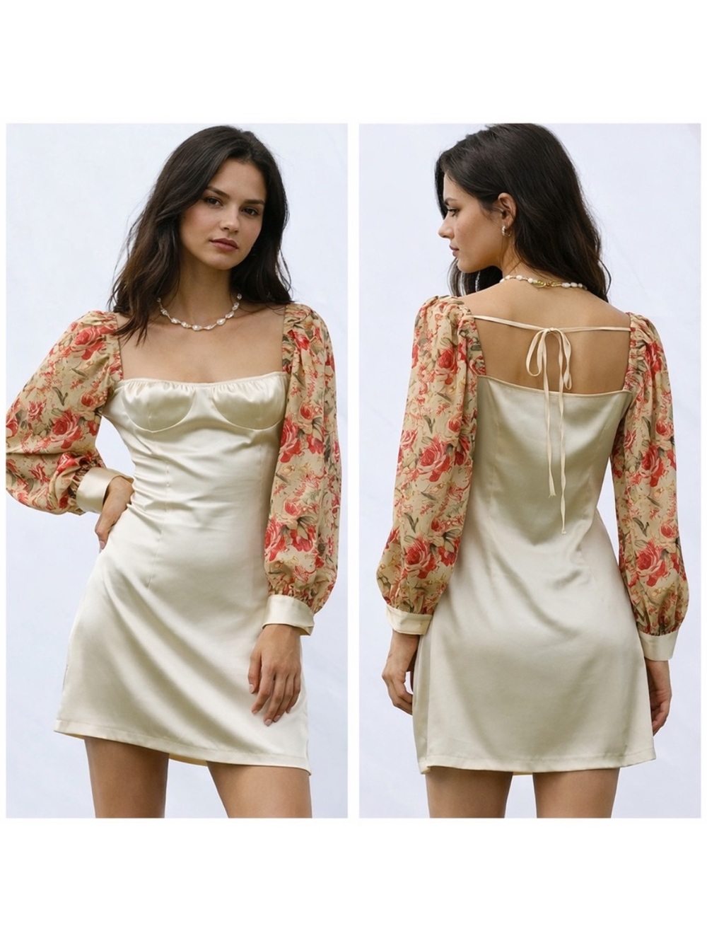 Cider Satin Mini Dress with Floral Puff Sleeves - Cream and Rose